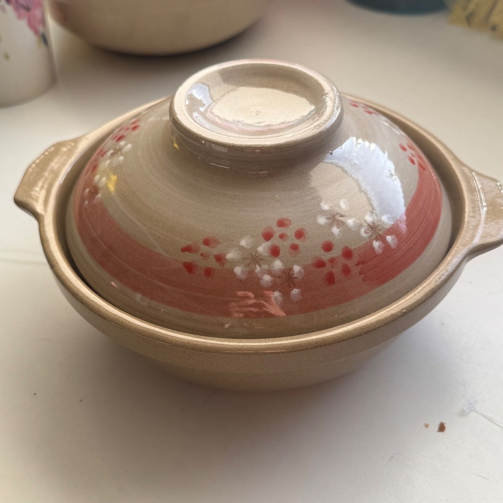 Japanese Donabe Clay Pot with Lid Sakura Cherry Blossom Floral Glazed Ceramic